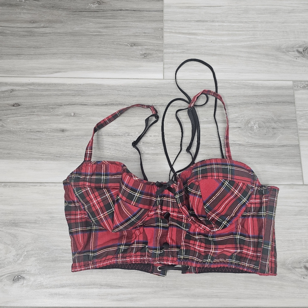 Fredericks Of Hollywood Red Plaid Crop Top Sz M